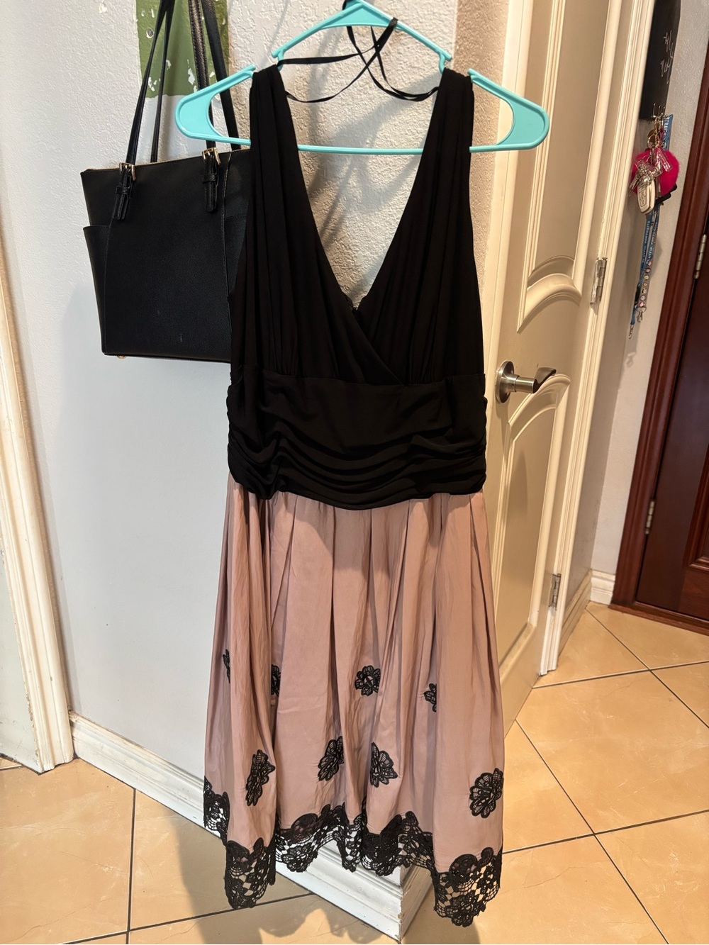 S.L. Fashions Black and Blush V-Neck High-Low Cocktail Dress